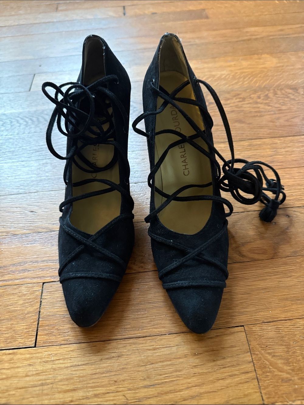 Charles Jourdan Black Suede Lace-Up Pointed Pumps